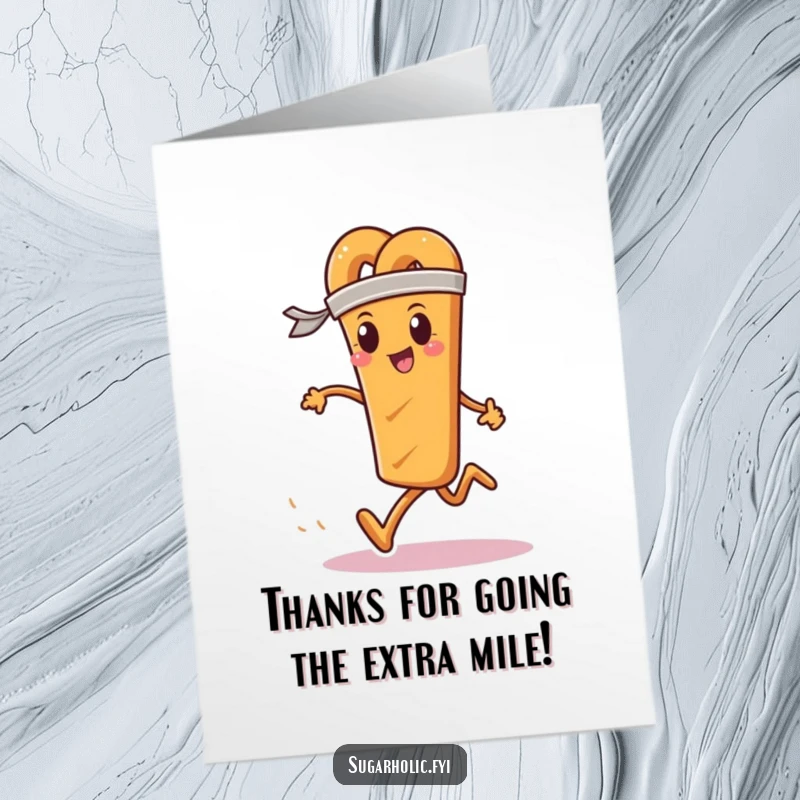 Funny free printable thank you card depicting a determined pretzel stick with a sweatband running a race with thanks.