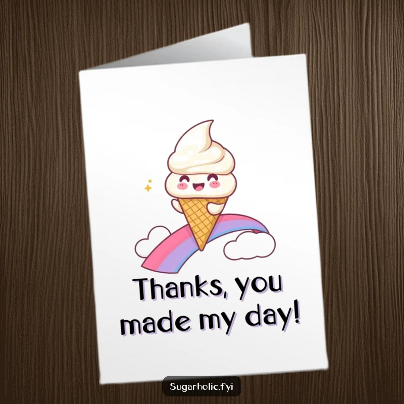 Funny Free Printable Thank You Card: A gleeful ice cream cone character slides down a rainbow in thanks.