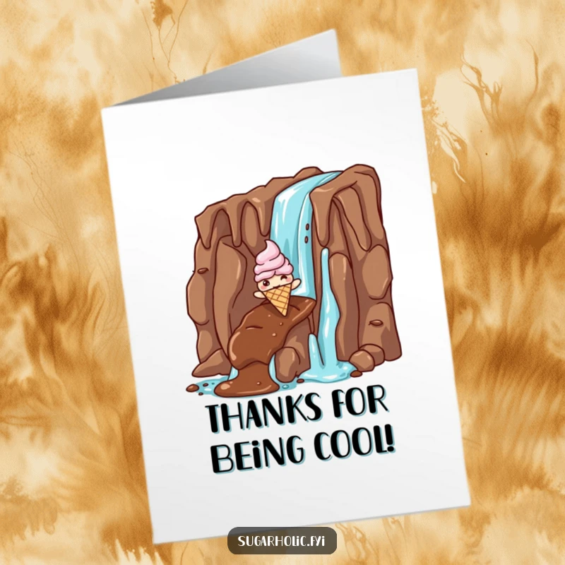 Funny free printable thank you card of a giddy ice cream cone character enjoying a thrilling slide down a rich chocolate waterfall, a sweet thank you.