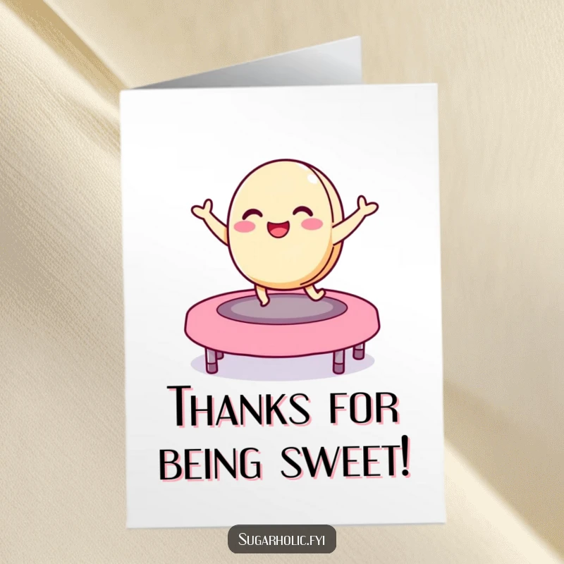 Funny free printable thank you card of a delighted macaron character bouncing with joy on a vibrant jelly bean trampoline, a sweet thank you.