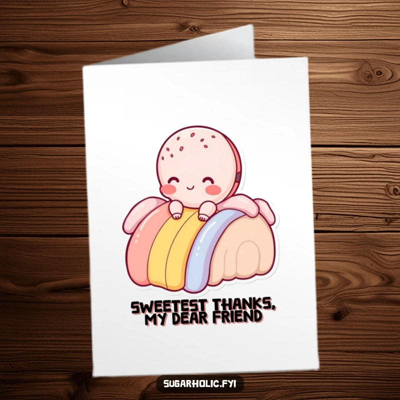 Funny Free Printable Thank You Card: Blushing macaroon character sliding down a rainbow of frosting, a sweet thank you.