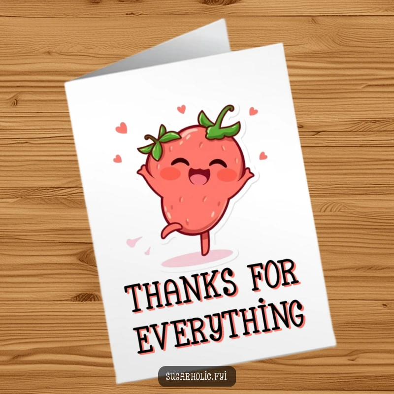 Funny Free Printable Thank You Card featuring a delighted strawberry character doing a cartwheel and spreading cheerful giggles.