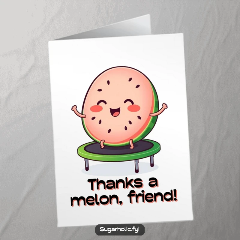 Funny free printable thank you card featuring a joyful watermelon slice with freckle-like seeds bouncing happily on a trampoline.