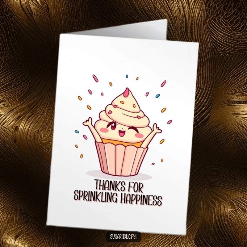 Funny Free Printable Thank You Card: A winking cupcake joyfully reaching for raining sprinkles, a sweet way to say thanks.