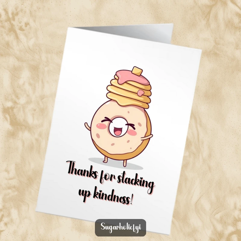 Funny Free Printable Thank You Card featuring a winking donut character holding a stack of pancakes, symbolizing abundance.