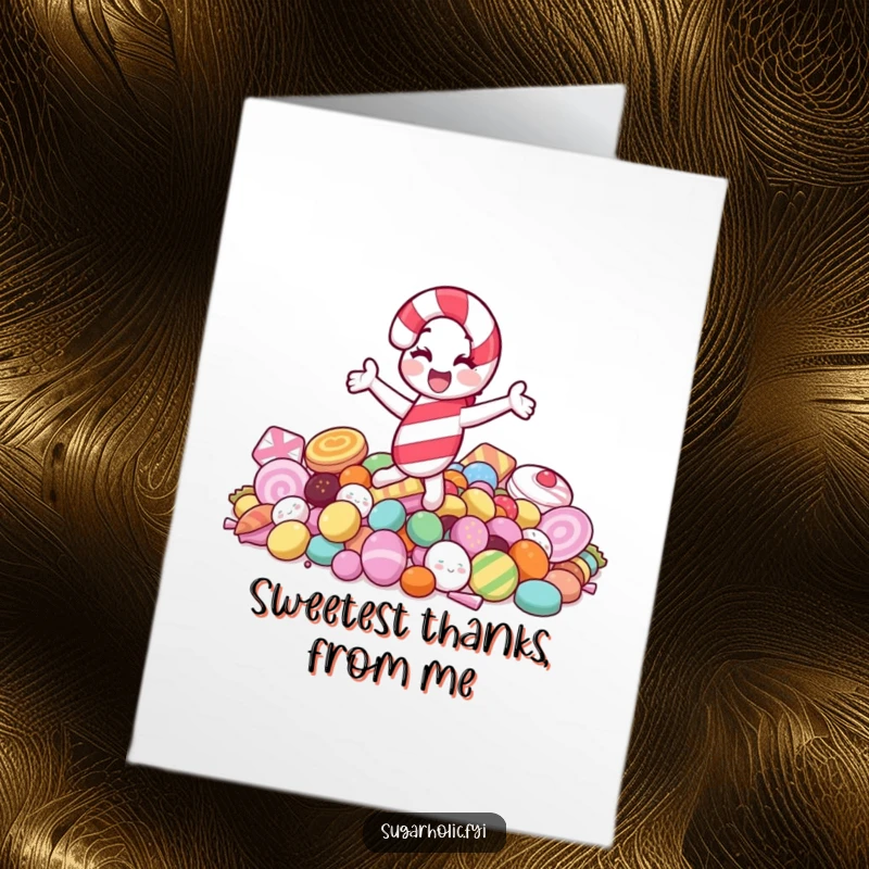 Funny free printable thank you card showing a jolly candy cane character joyfully spinning on a pile of various candy sweets.
