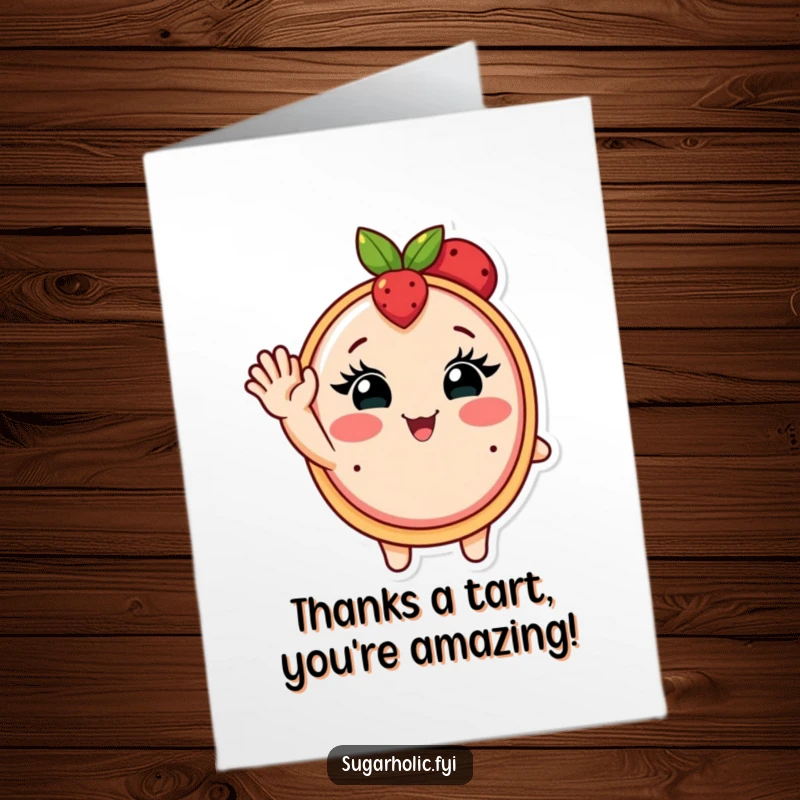 Funny free printable thank you card featuring a blushing fruit tart with eyelashes waving happily to express thanks.