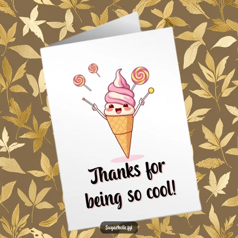 Funny free printable thank you card of a giggling ice cream cone juggling three flying lollipops.