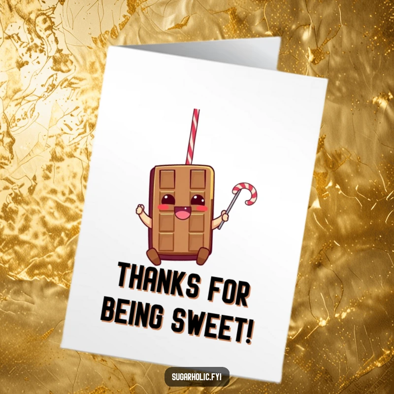 Funny Free Printable Chocolate Bar Thank You Card: A thrilled chocolate bar character swinging on a licorice rope, saying thanks.