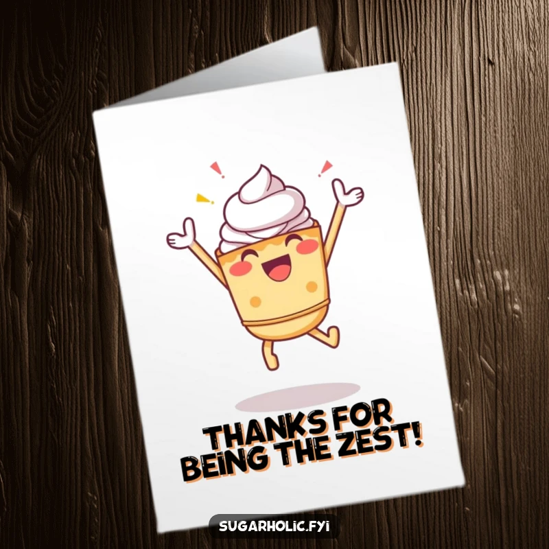 Funny Free Printable Thank You Card: A cheerful pie character jumps with zest, sending energetic thanks your way.