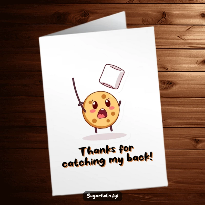 Funny Free Printable Thank You Card: Surprised cookie character reaching for a floating marshmallow, a sweet gesture of thanks.