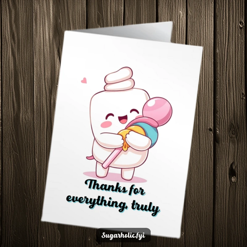 Funny free printable thank you card showing an ecstatic marshmallow character giving a big, happy hug to a gigantic lollipop.