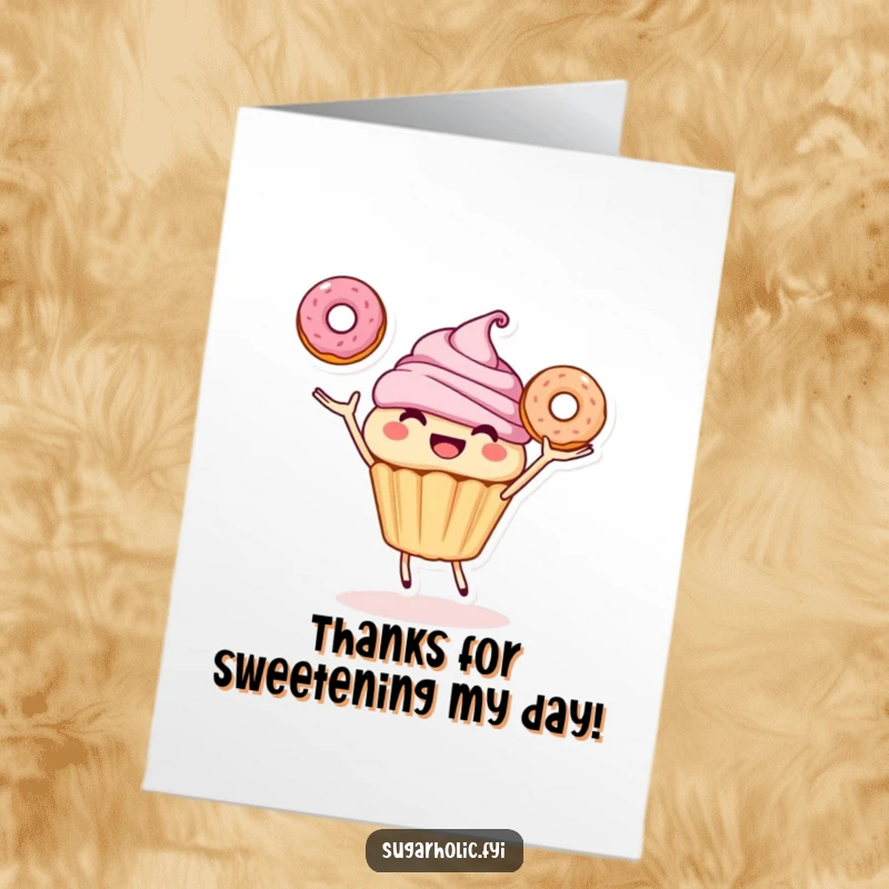 Funny Free Printable Thank You Card: A smiling cupcake character joyfully juggling donuts, sending sweet thanks.