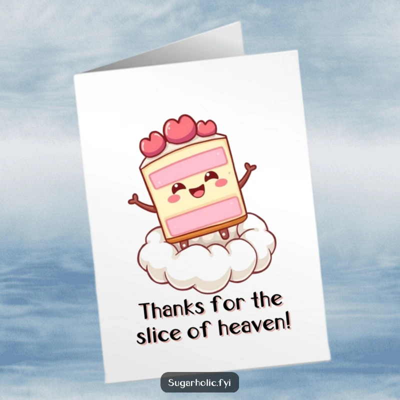 Funny free printable thank you card with a happy cake slice bouncing on a whipped cream cloud.