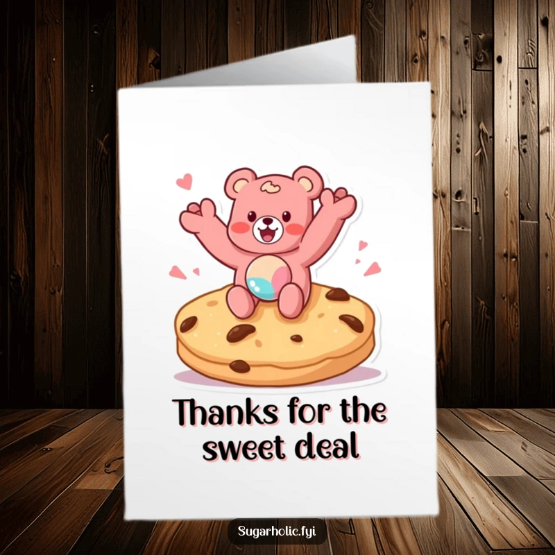 Funny Free Printable Thank You Card: Gummy bear character jumping on a giant cookie, a sweet thank you.