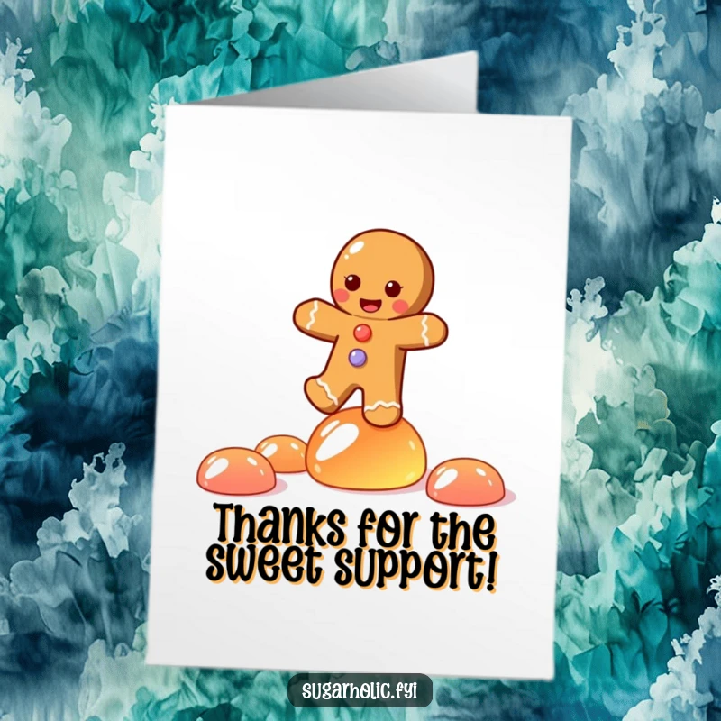 Funny Free Printable Thank You Card: Gingerbread person performs a balancing act on slippery jelly candies, a sweet way to say thanks.