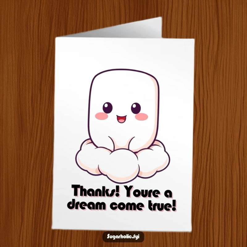 Calm free printable thank you card featuring a cheerful marshmallow character floating contentedly on a cloud.