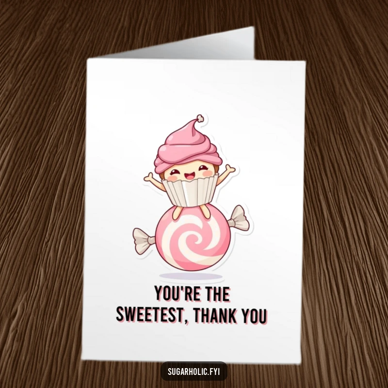 Funny Free Printable Thank You Card: Cupcake character joyfully bouncing on candy, a sweet way to say thanks.