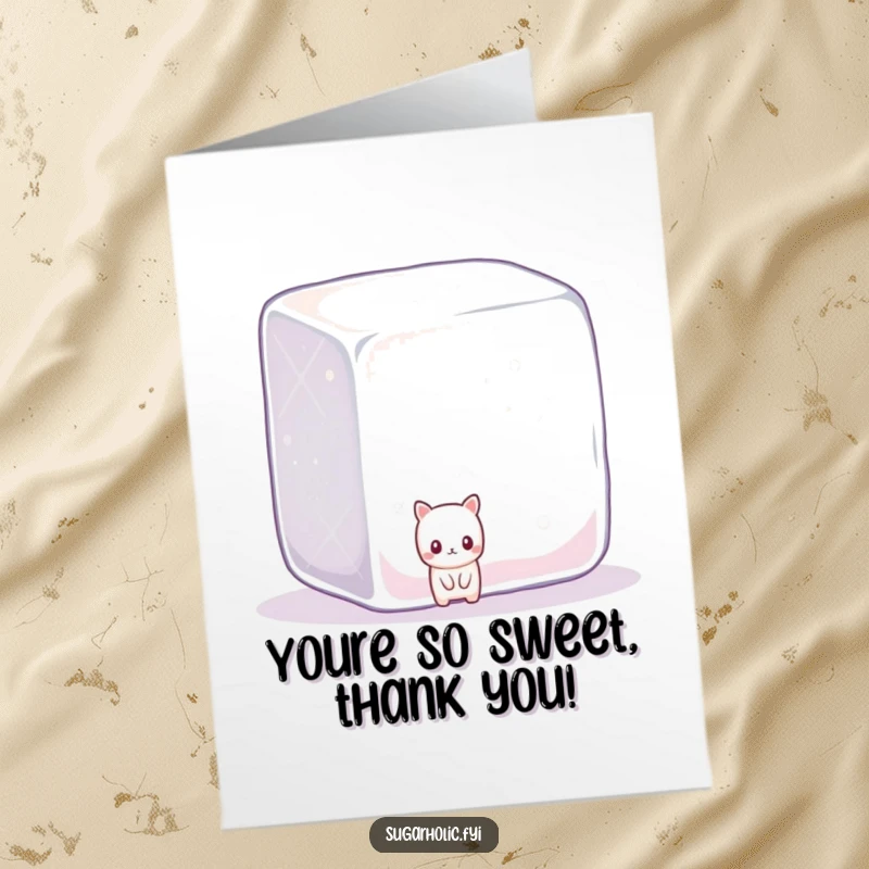 Funny free printable thank you card with a shy candy peeking from behind a large sparkling sugar cube.