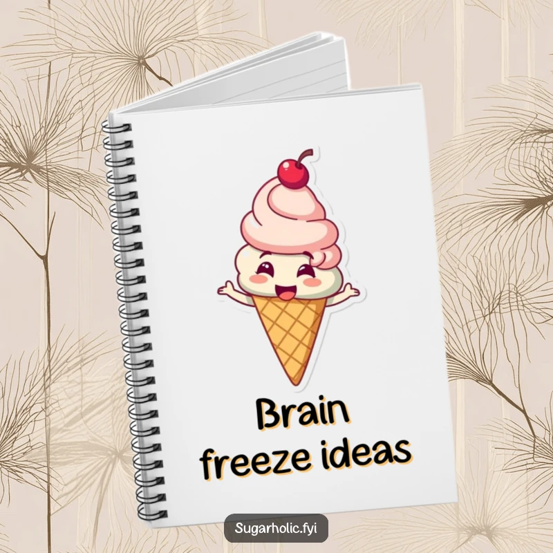 Funny ice cream cone character with a cherry on top giggling and spinning on a notebook, perfect for cheerful note-taking, a funny gift.