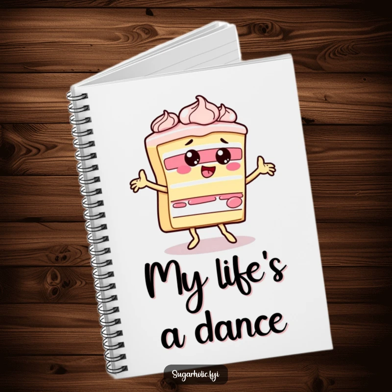 Funny slice of cake character doing a silly dance with frosting on a humorous notebook for capturing sweet ideas.