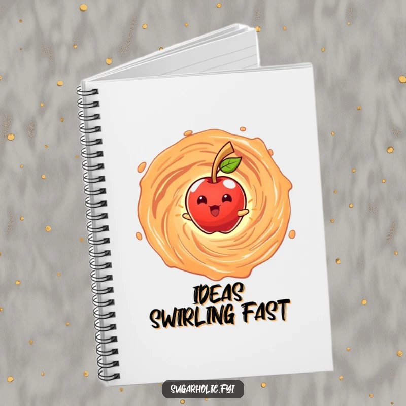 Funny notebook with a beaming anthropomorphic candy apple character spinning in a caramel vortex, inspiring sweet and humorous note-taking.
