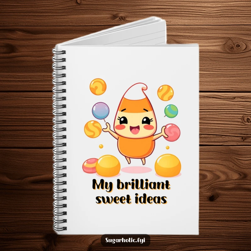 Funny Notebook: A journal featuring a beaming candy corn character energetically juggling colorful gumdrops, perfect for capturing thoughts and doodles.