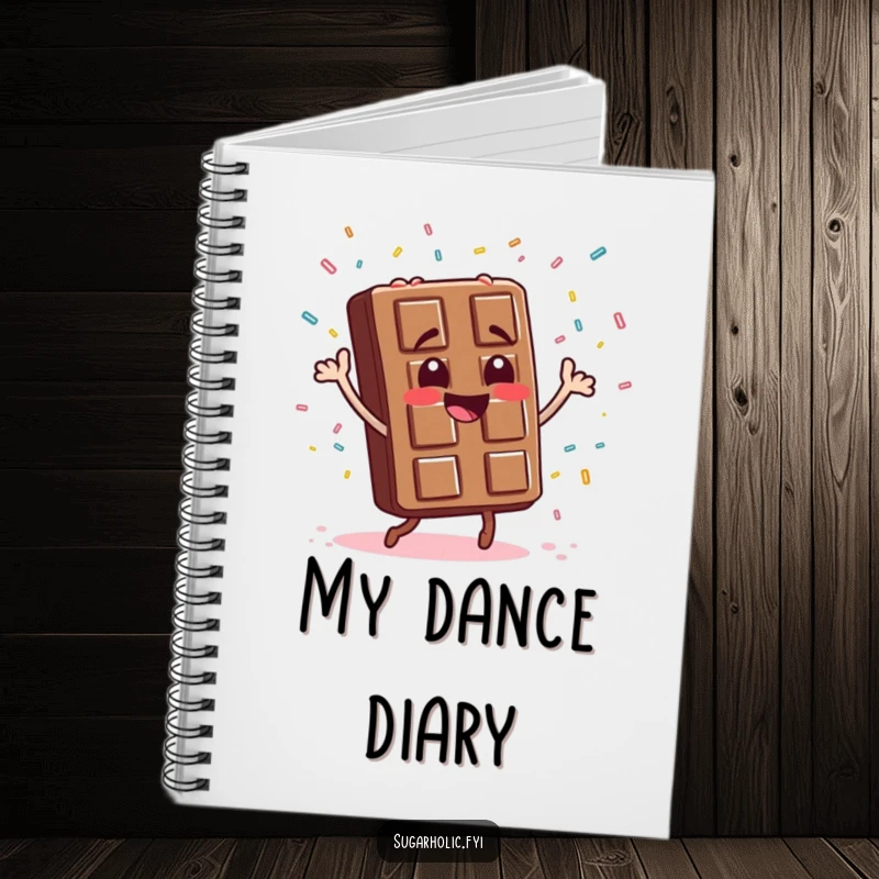 Funny chocolate bar character dancing with a joyous abandon surrounded by candy sprinkles, a delightful and funny notebook.