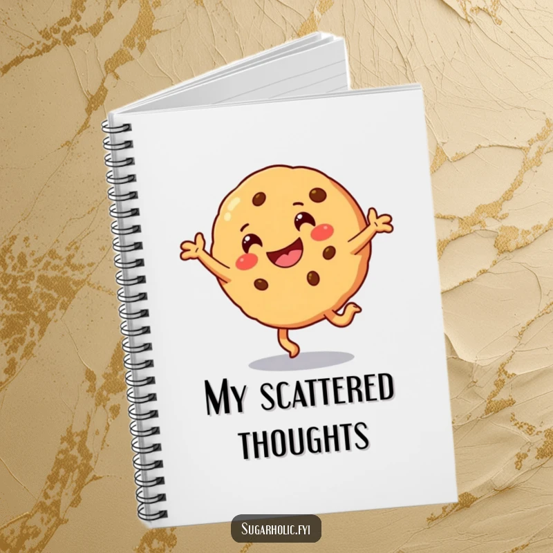 Funny Notebook with a smiling cookie character dynamically performing a cartwheel, ready for your notes.