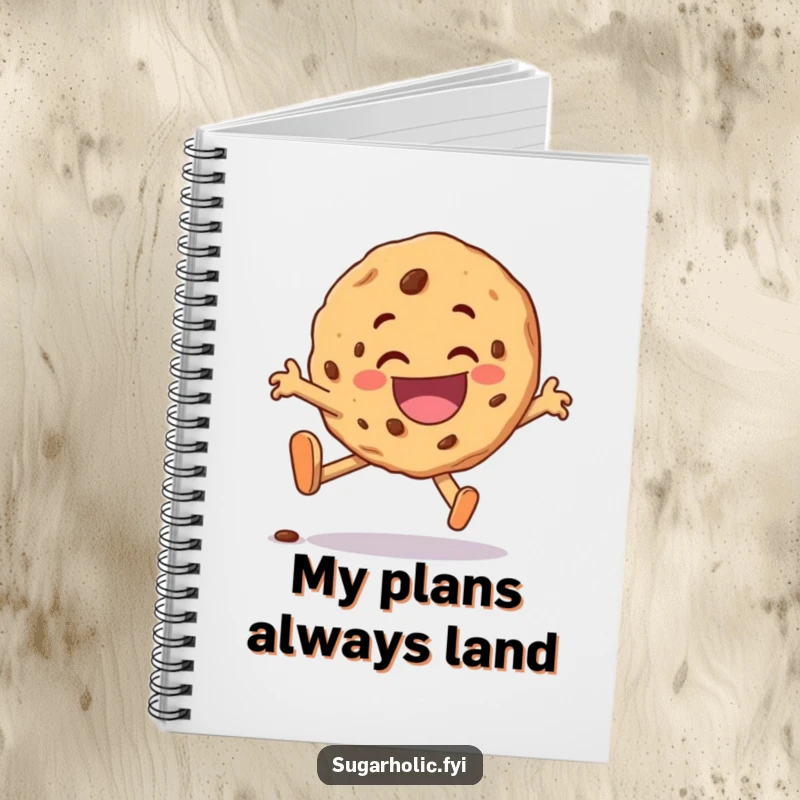 Funny cookie character notebook, comically tripping but landing with a delighted grin, ideal for jotting down happy notes.
