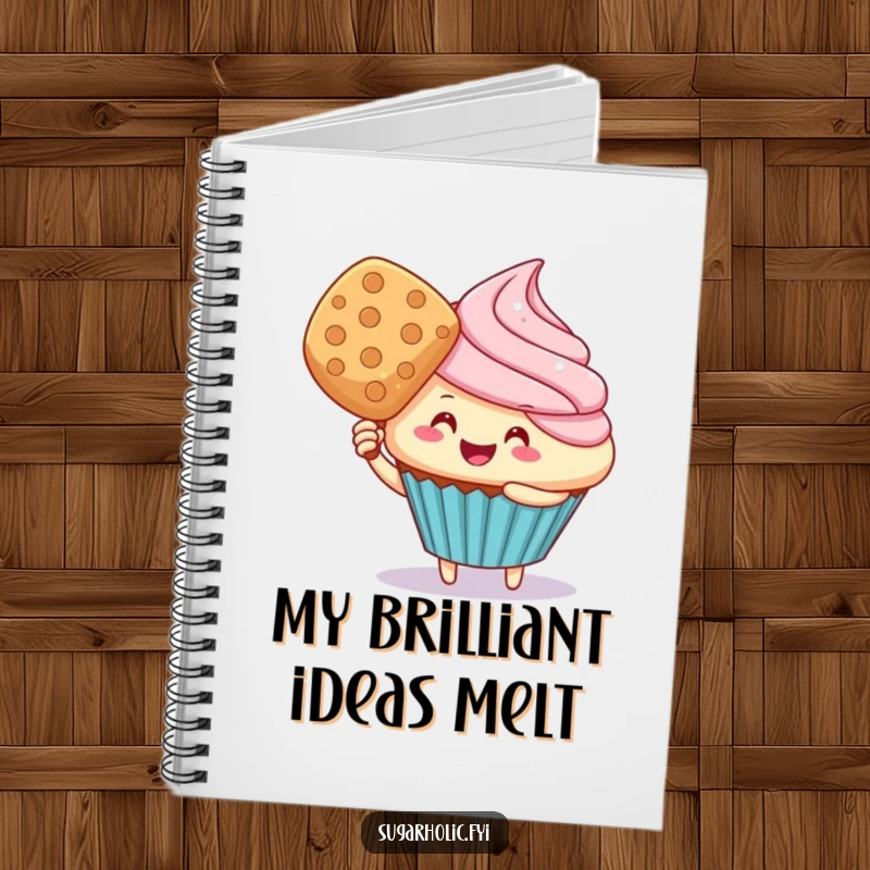 Funny cupcake character fanning itself with a wafer, printed on a notebook cover for humorous note-taking.