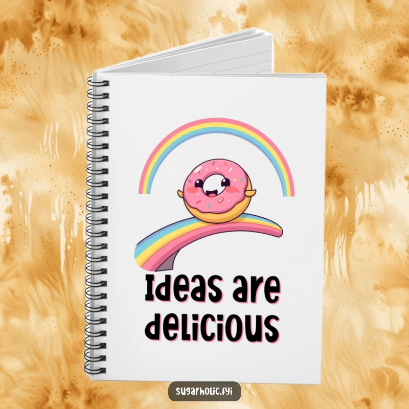 Funny smiling donut character comically sliding across a rainbow bridge, a humorous notebook for creative minds.