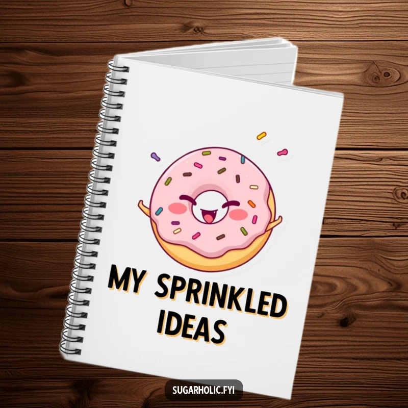 Funny cheerful donut character winking while juggling vibrant sprinkles, a whimsical and practical notebook.