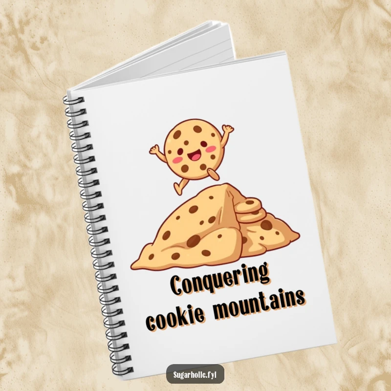 Funny notebook cover with a giggling cookie character mid-leap over a massive stack of cookies, inspiring creativity.