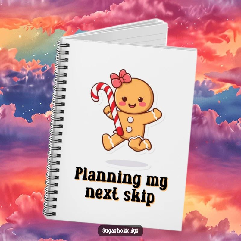 Funny gingerbread cookie character skipping with a candy cane, featured on a humorous notebook for jotting down notes and ideas.