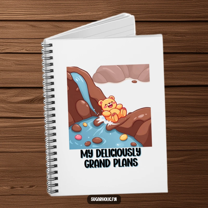 Funny Gummy Bear Notebook: A giggling character sliding down a chocolate river, ideal for jotting down sweet thoughts.