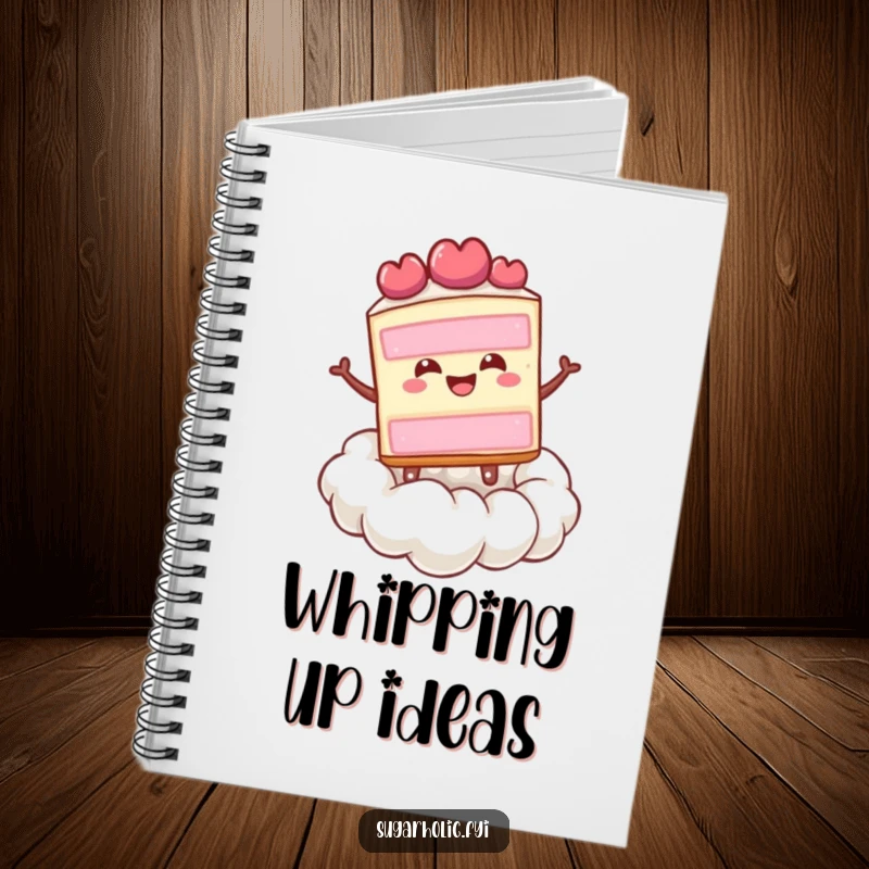 Funny happy slice of cake bouncing on a cloud of whipped cream, a humorous notebook for joyful thoughts.