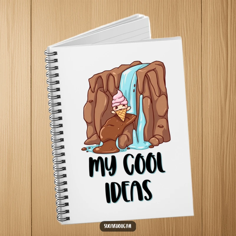 Funny ice cream cone notebook featuring a giddy character sliding down a chocolate waterfall, hilarious journal for writing down sweet ideas and adventure plans.
