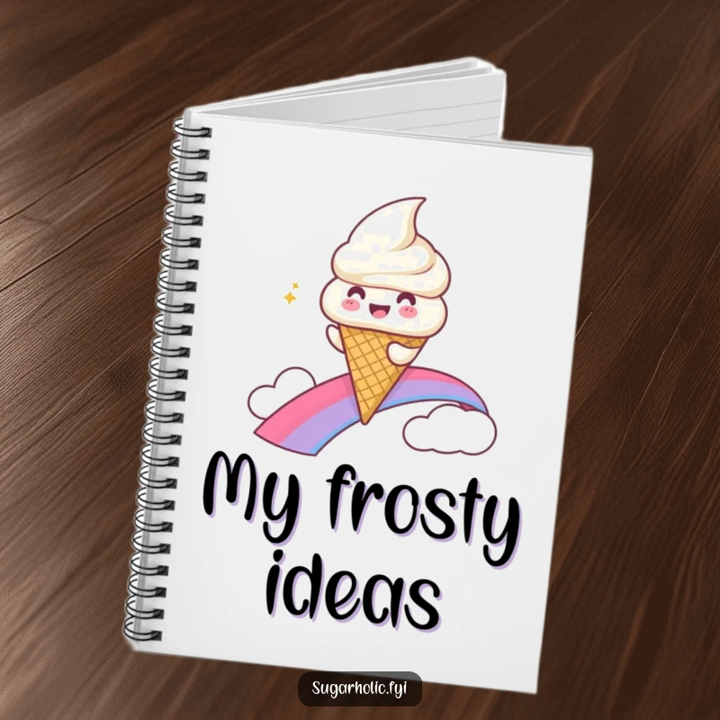 Funny Notebook with a gleeful ice cream cone character sliding down a rainbow, ready for your notes.