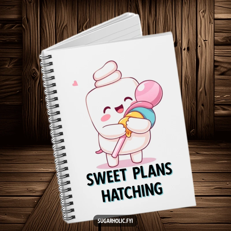 Funny notebook with an ecstatic anthropomorphic marshmallow character hugging a giant lollipop, inspiring sweet and humorous note-taking.