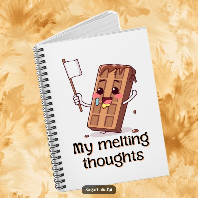 Funny notebook cover with a melting chocolate bar character comically waving a dripping flag, ideal for sweet notes.