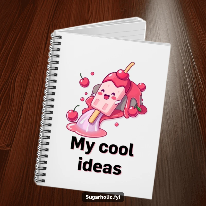 Funny notebook with a gleeful popsicle character sliding down a cherry syrup waterfall, perfect for jotting down refreshing ideas and doodles.
