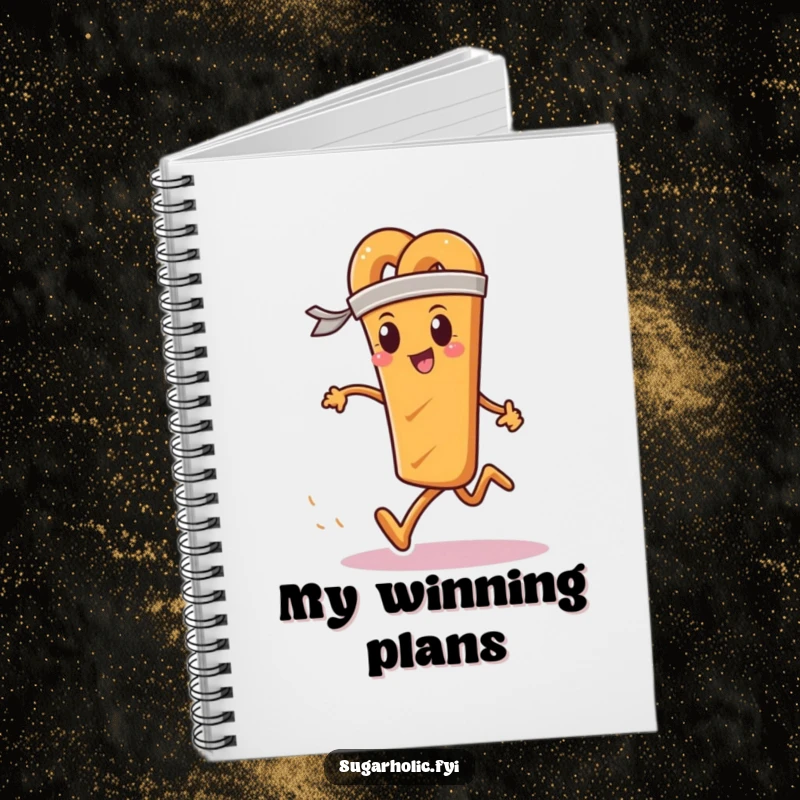 Funny notebook featuring a determined pretzel stick wearing a sweatband, running a race, perfect for planning and notes.