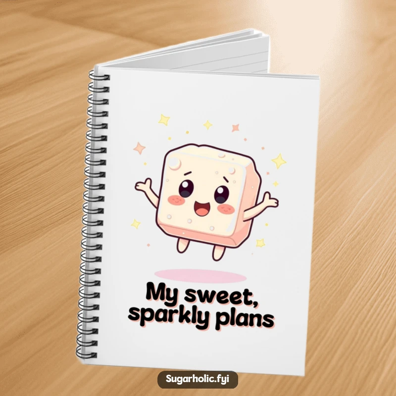 Funny sugar cube character bouncing with excitement, surrounded by sparkles, gracing the cover of a lined notebook for jotting down sweet thoughts and funny ideas.