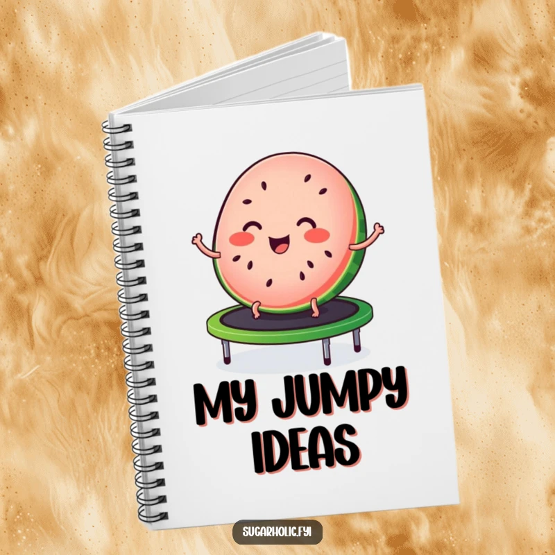 Funny notebook featuring a joyful slice of watermelon with seed freckles, bouncing on a trampoline, perfect for notes.