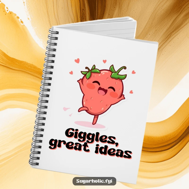 Funny Notebook cover showing a delighted strawberry character doing a cartwheel, spreading giggles and inspiring energetic note-taking.