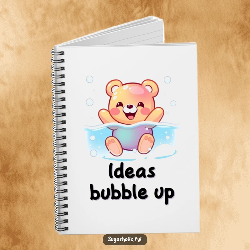 Funny notebook with a pleased gummy bear character swimming in a fizzy soda pool, inspiring bubbly and humorous note-taking.