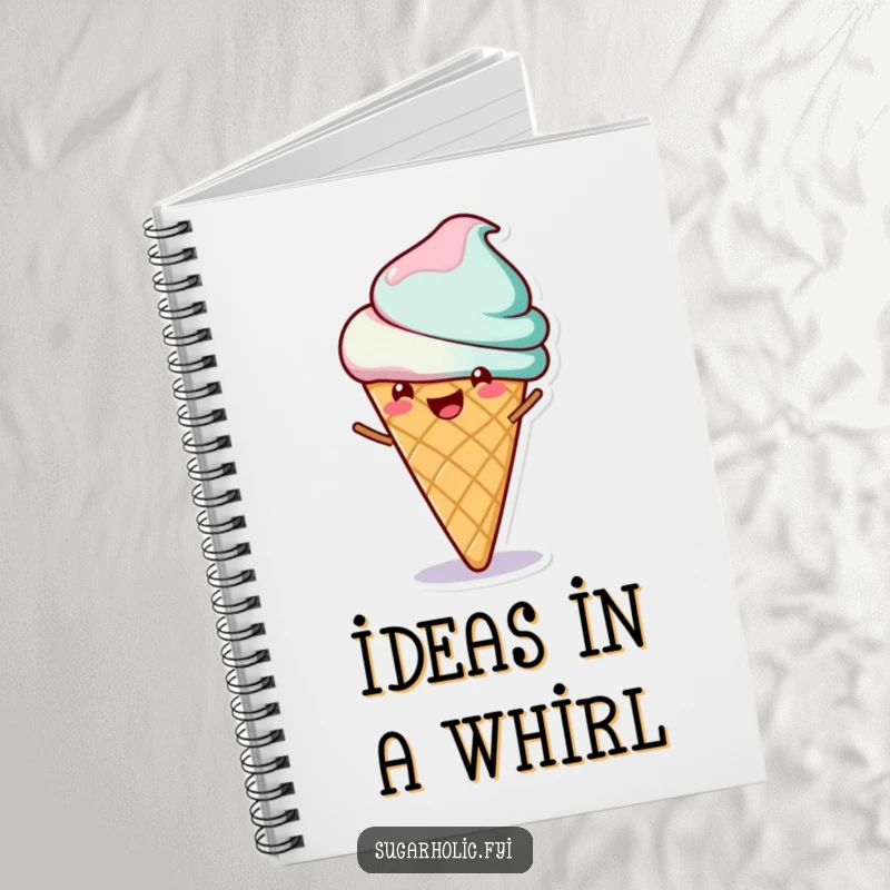 Funny notebook cover featuring a cheerful ice cream cone character happily spinning, inspiring fun and creative note-taking.