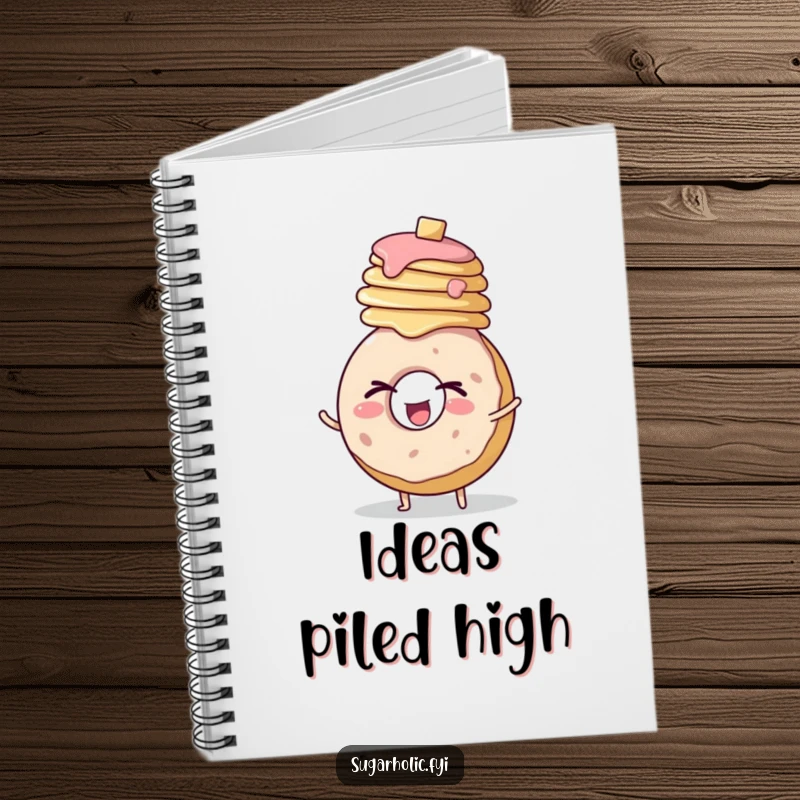 Funny notebook cover with a round donut character winking enthusiastically while balancing a stack of pancakes.