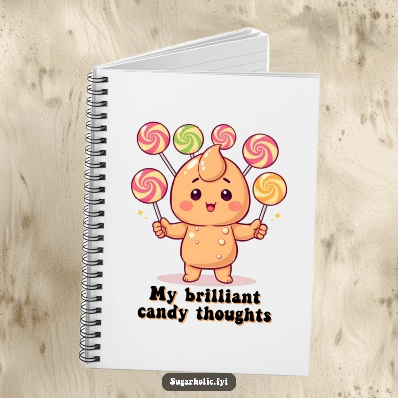 Funny Caramel Candy Notebook: A blushing character juggling colorful gumdrops, designed for jotting down sweet ideas.